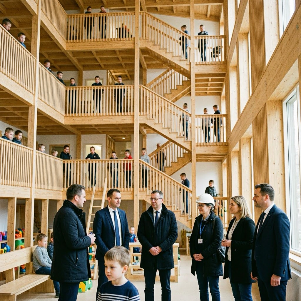 Architekten-Kita an der TUM eröffnet: Spielvergnügen auf fünf Etagen aus Holz