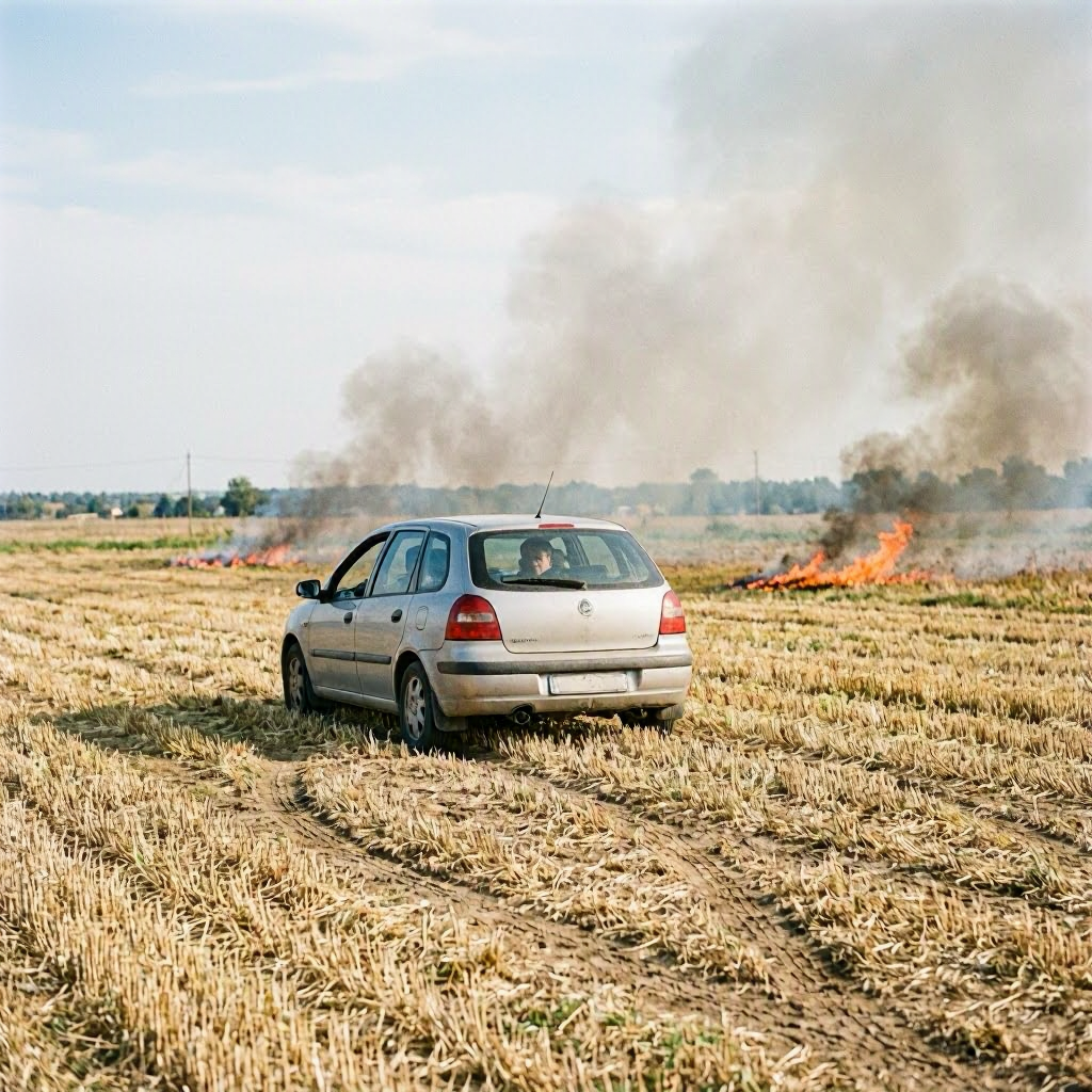 Autofahrer dreht auf Feld – Stoppelacker in Flammen