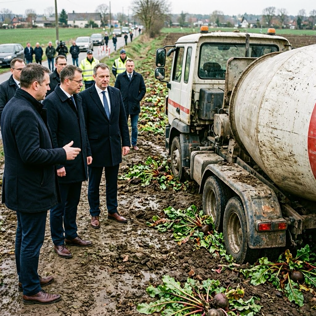 Betonmischer kippt in Rübenfeld: Fast zehn Kubikmeter Beton verlaufen