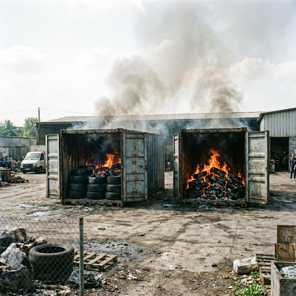 Brand in Veitsbronn: Schiffscontainer mit Autoreifen in Flammen