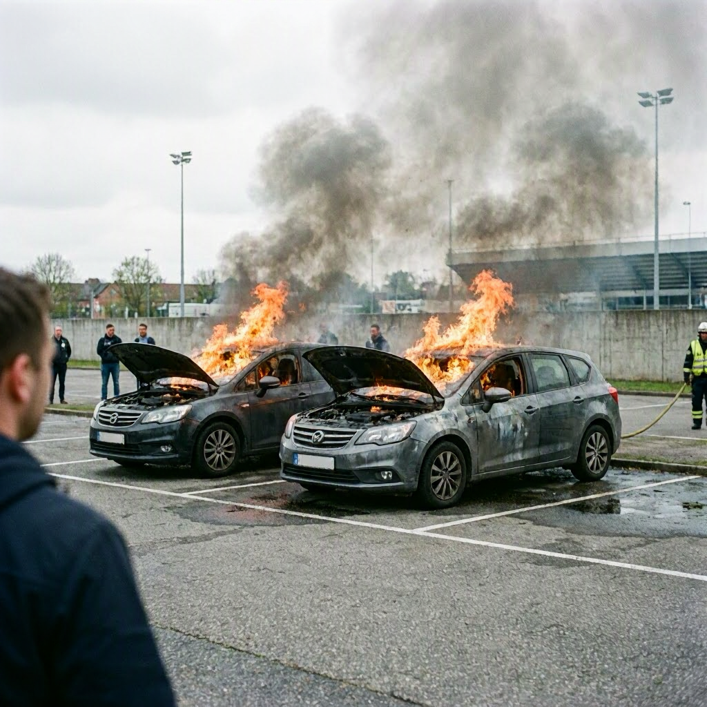 Drei Autos auf Flensburger Parkplatz in Flammen aufgegangen