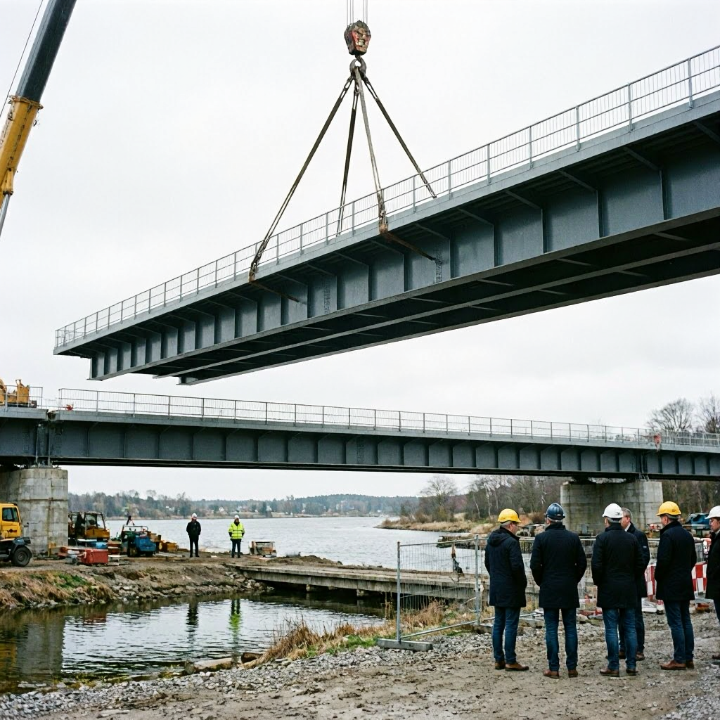 Erstes Brückenteil der neuen Schleibrücke erfolgreich montiert