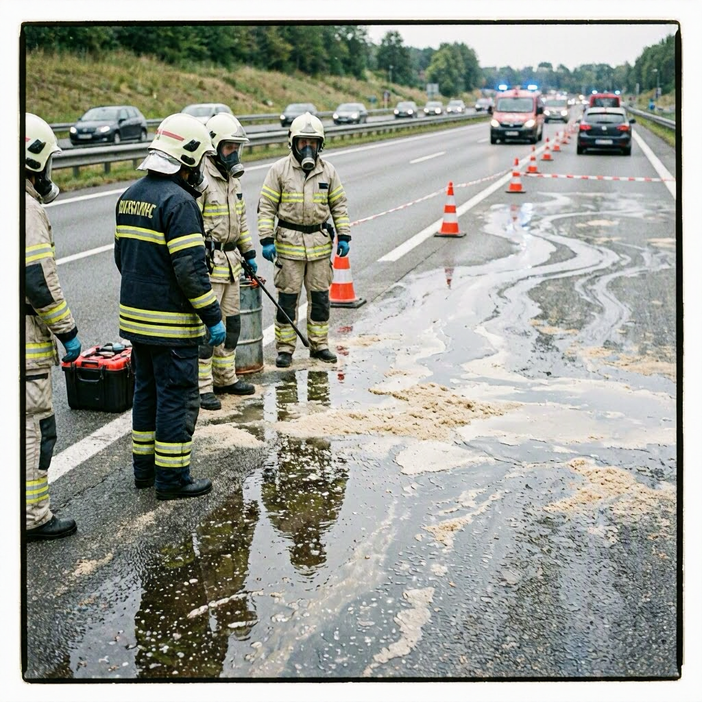 Feuerwehr im Einsatz: Ätzende Chemikalie auf Autobahn ausgelaufen