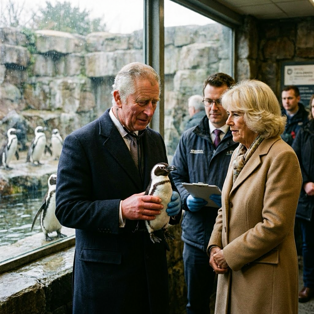 König Charles und Königin Camilla lauschen Pinguin-Herzen im Londoner Zoo