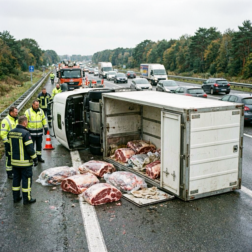 Lkw-Unfall auf A29 in Hatten: Rinderhälften sorgen für stundenlange Sperrung