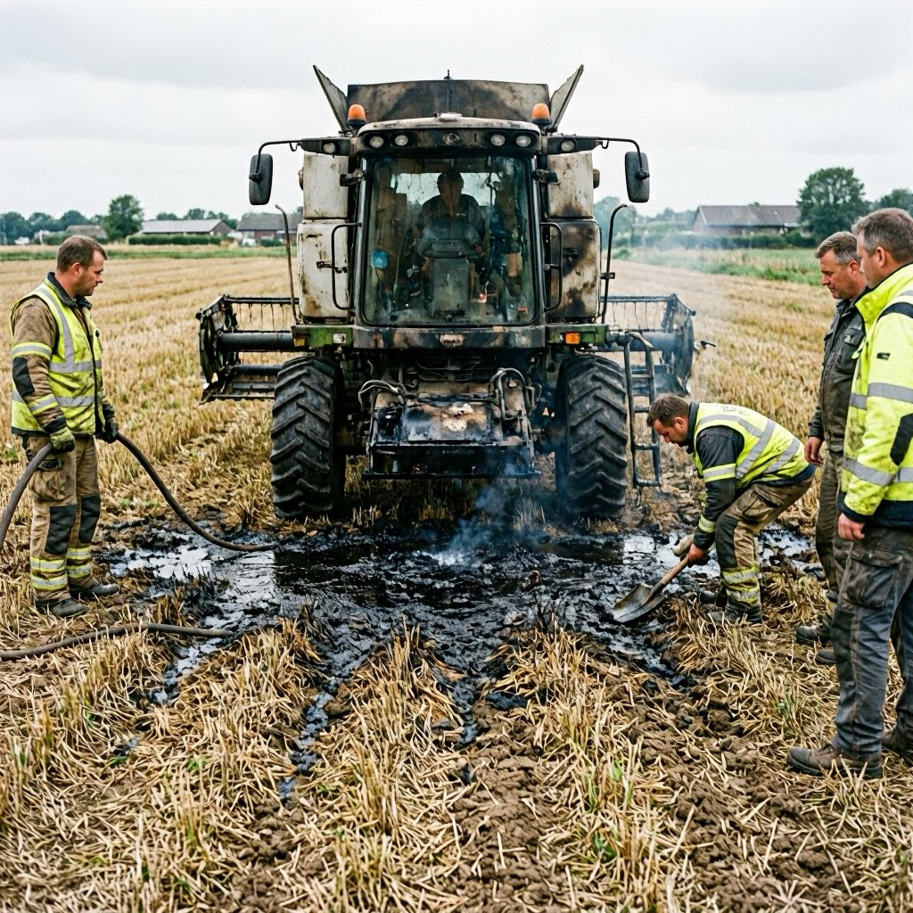 Mähdrescherbrand auf Fehmarn: Diesel sickert in die Erde