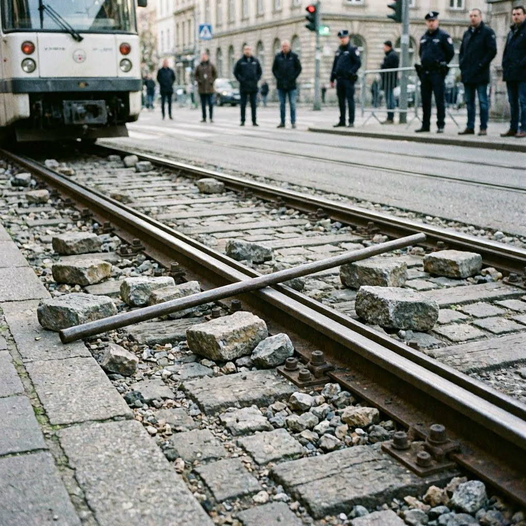Metallstange und Steine auf Straßenbahngleisen sorgen für Notbremsung