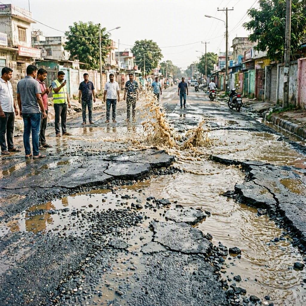 Newly Constructed Road in Pune Damaged by Pipeline Test Water Burst