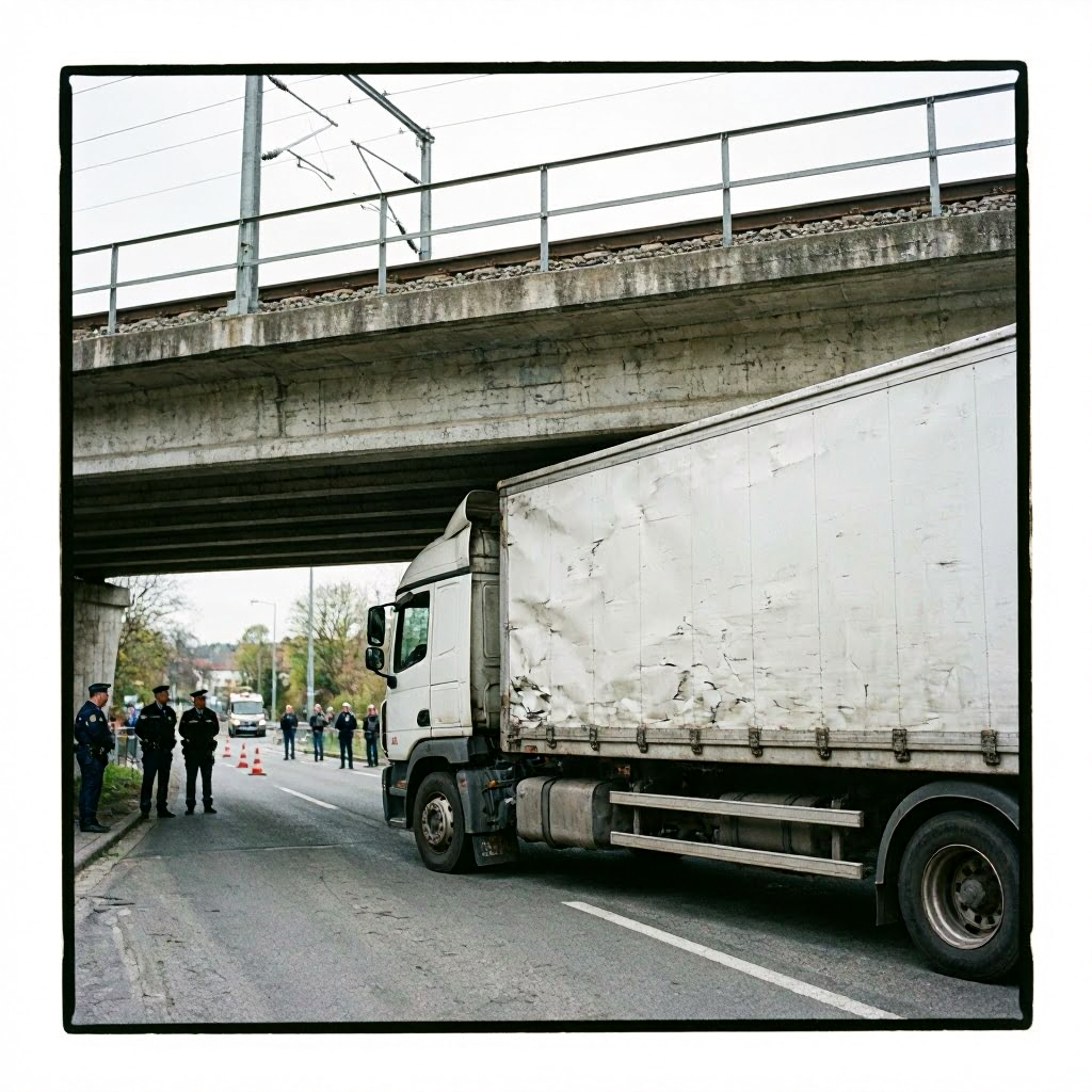 Schwerer Unfall in Schwaben: Lkw bleibt unter Bahnbrücke stecken