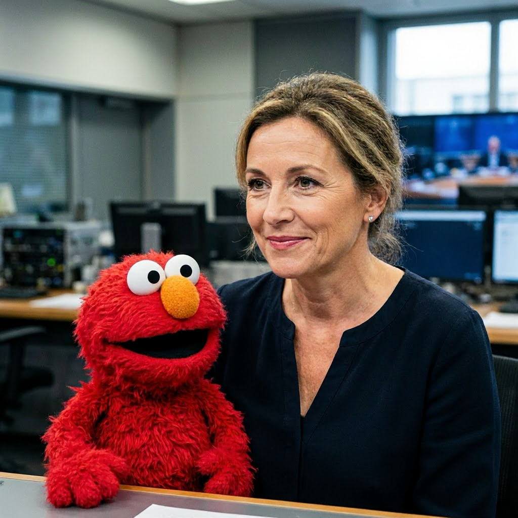Susanne Daubner lädt Elmo zu ihrer letzten Sendung ein