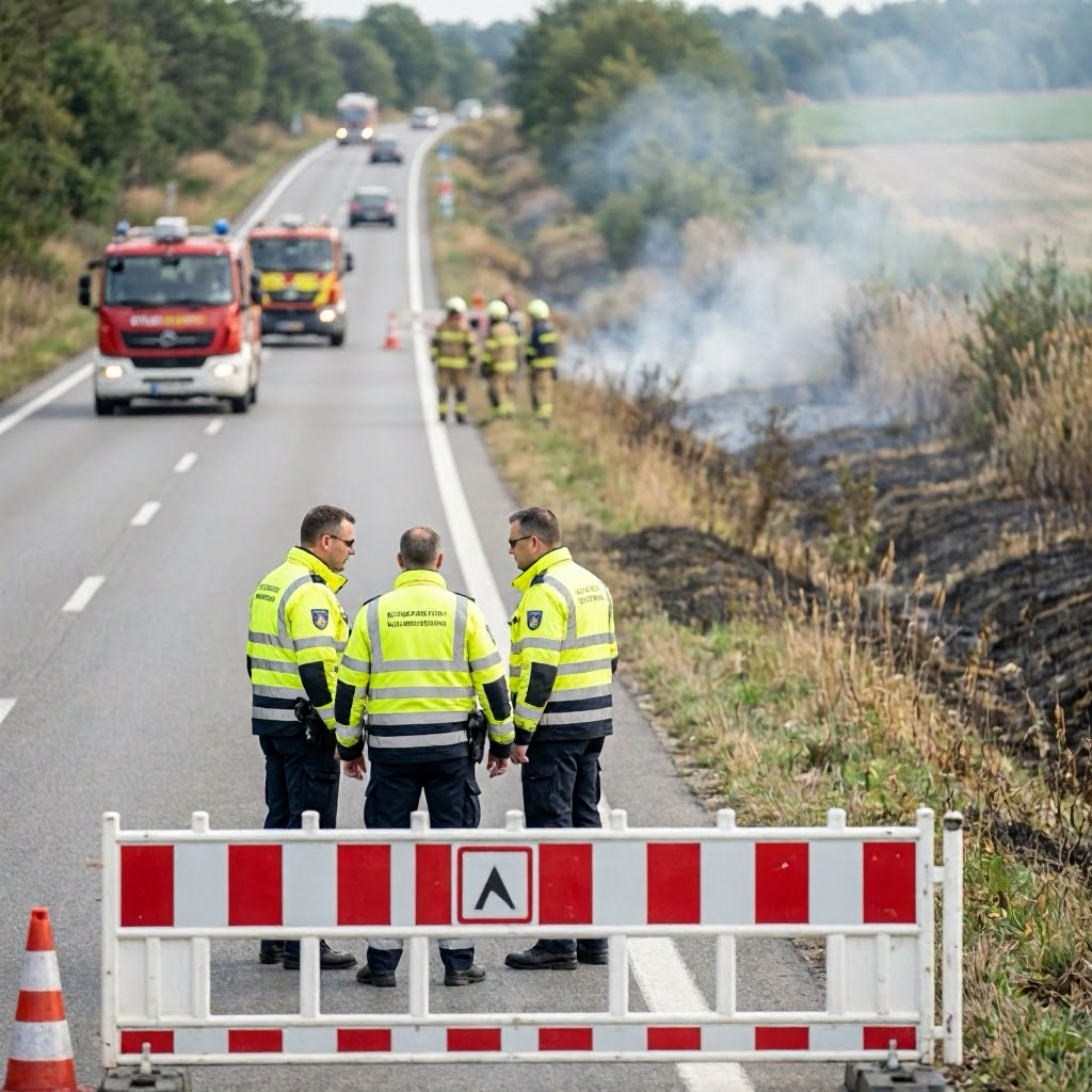Vollsperrung der B36 nach Flächenbrand in Linkenheim-Hochstetten